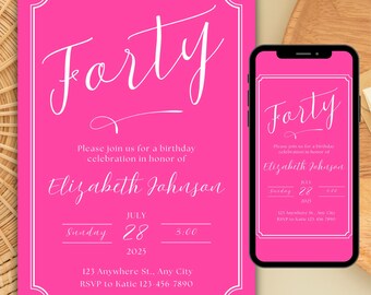 40th Birthday Invite Hot Pink, 40th Birthday Party Invitation Fuchsia, Minimal 40th Invitation Pink White, Digital Birthday Invite for Her