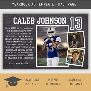 Senior Yearbook Ad Half Page Boy, Editable High School Senior Yearbook Ad Template Football, Graduation Tribute Layout, Canva Yearbook Ad