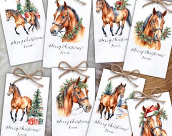Printable Horse Christmas Gift Tags, Watercolor Horse Christmas Gift Labels, Holiday Party Favor Tag, Happy Holidays Christmas Present Tags