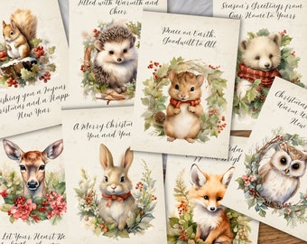Holiday Winter Woodland Animals Christmas Cards, Printable Christmas Cards for Friends and Family, Forest Animals Holiday Greeting Card Set