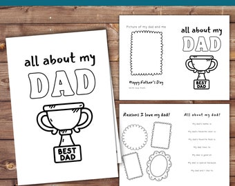 All About Dad Printable Book for Fathers Day Gift Idea Activity Book for Kids, Printable Coloring Card for Dad, World's Best Dad Certificate
