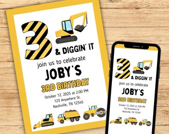 Editable Construction Party Invite for 3rd Birthday, 3 and Diggin It Birthday Invitation, Printable Digital Download, Birthday Invite Boy