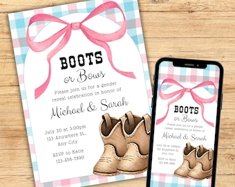 Boots or Bows Gender Reveal Invitation, Boots and Bows Gender Reveal Digital Invite, Cowboy Theme He or She Editable Canva Template
