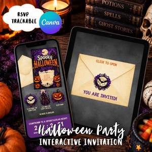 May include: A digital Halloween party invitation displayed on a smartphone and tablet screen. The invitation features a purple and orange color scheme with graphics of pumpkins, a haunted house, and a bat. Text includes Spooky Halloween Soiree, Click to Open, and You Are Invited.
