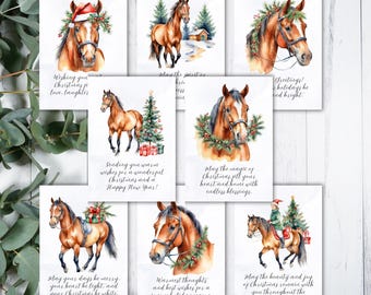 Jeu de cartes de Noël à imprimer avec des chevaux, des cartes de Noël pour les amateurs de chevaux, des cartes de vœux avec des animaux pour les amis et la famille, des cartes de chevaux aquarelles