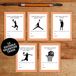 Carte imprimable de Saint-Valentin de basket-ball, cartes de Saint-Valentin de jeu de mots de basket-ball pour des enfants, étiquettes de la Saint-Valentin d'école découpes imprimables pour la salle de classe