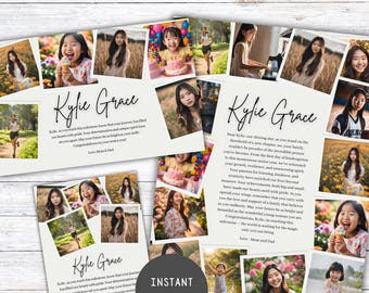 Pode incluir: Um pacote de modelos de anúncios de anuário com fotos de Kylie Grace. O design inclui o texto "Kylie Grace" em escrita elegante e as palavras "Download instantâneo" em um botão circular. O layout é projetado para o último ano.