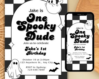 May include: Black and white printable invitation for a first birthday party with a spooky theme. The invitation features a ghost, bats, and the text "One Spooky Dude" in a retro font. The invitation includes the date, time, and location of the party, as well as an RSVP number.