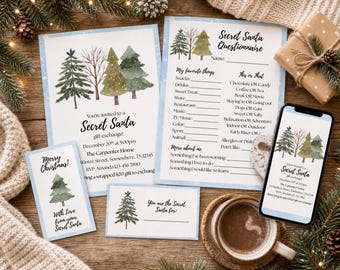 May include: A Secret Santa gift exchange set including an invitation, a questionnaire, a gift tag, and a card, all featuring watercolour pine trees and black text. A smartphone displays the invitation, alongside a mug of coffee on a wooden surface.