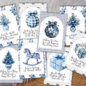Druckbare blaue Toile Weihnachtskarten, Chinoiserie Urlaub Grußkarten, Preppy Weihnachtskarte Digitaler Download, Aquarell Weihnachtskarte