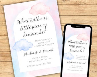 A Little Piece of Heaven Gender Reveal Invitation, Pink and Blue Cloud Gender Reveal Digital Invite, He or She Editable Canva Template
