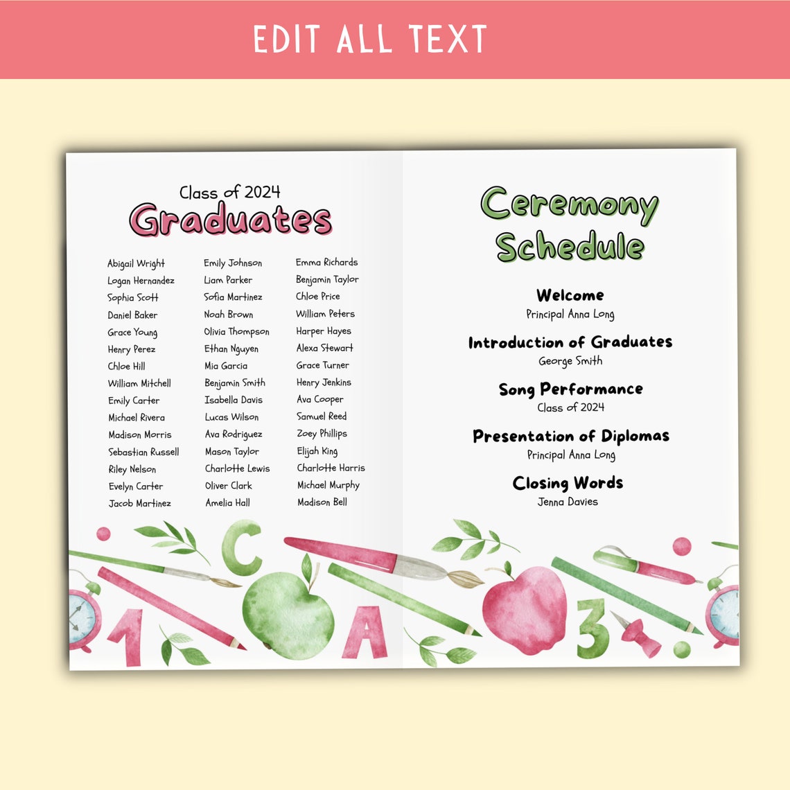 Preschool Graduation Program Template, Printable Graduation Program for ...