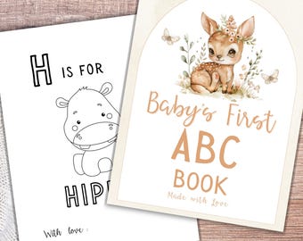 Watercolor Deer ABC Coloring Book Baby Shower, Alphabet Coloring Pages for Baby Shower, ABC Book Baby Shower Game, Baby's First Letter Book