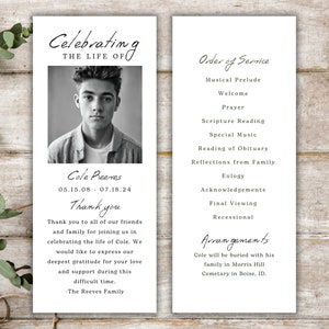May include: Black and white photo of a young man with the text "Celebrating the life of Cole Peeres 05.15.08 - 07.18.24 Thank you" and "Thank you to all of our friends and family for joining us in celebrating the life of Cole. We would like to express our deepest gratitude for your love and support during this difficult time. -The Reeves Family" below the photo. The right side of the image has the text "Order of Service" and a list of events: Musical Prelude, Welcome, Prayer, Scripture Reading, Special Music, Reading of Obituary, Reflections from Family, Eulogy, Acknowledgements, Final Viewing, Recessional. The text "Arrangements" and "Cole will be buried with his family in Morris Hill Cemetery in Boise, ID." are below the list.
