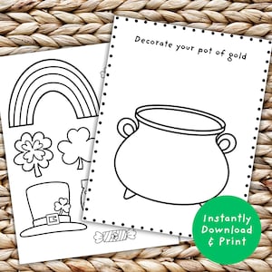 Puede incluir: Página para colorear imprimible en blanco y negro con un pote de oro, un arcoíris, tréboles, un sombrero de duende y un caramelo. El texto "Decora tu pote de oro" está en la parte superior de la página. El texto "Descarga instantánea e imprime" está en la parte inferior de la página.