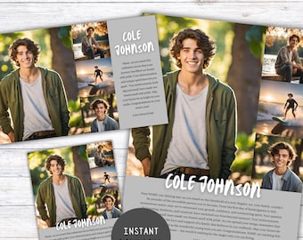 Könnte beinhalten: Ein graues und weißes Jahrbuch-Anzeigen-Vorlagenpaket mit einer Collage von Fotos eines jungen Mannes. Der Text lautet "Cole Johnson" und enthält eine Nachricht von seinen Eltern. Die Anzeige ist für einen High-School-Abschluss konzipiert.