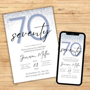 Invitación de 70 cumpleaños para él, plantilla de invitación editable para 70 cumpleaños masculino, invitación digital imprimible personalizada para fiesta de 70 cumpleaños