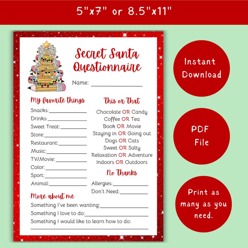 Printable Secret Santa Questionnaire Teachers Christmas Party Gift Printable Secret Santa Questionnaire Teachers Christmas Party Gift