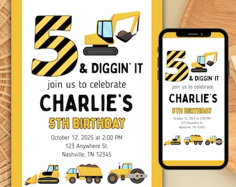 Invito di compleanno "5 and Diggin It", invito modificabile per festa di costruzione per il quinto compleanno, festa di compleanno con camion ribaltabile, invito di compleanno per bambini