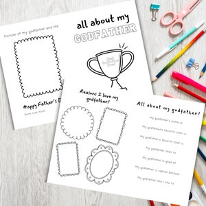 Todo sobre mi padrino libro imprimible para el día del padre idea de regalo libro de actividades para niños, regalo para el padrino, tarjeta para colorear para el padrino