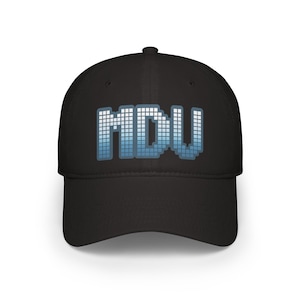 May include: Black baseball cap with the letters "MDU" in a pixelated, gradient blue design across the front. The cap has a curved brim and a structured crown, suitable for casual wear.