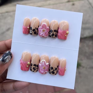 Cute Cheetah Print 3D Flower Spring Themed Press On Nails | Handmade Press On Nails | Gold | Seasons | Nail Art | Reusable | Gel Nails