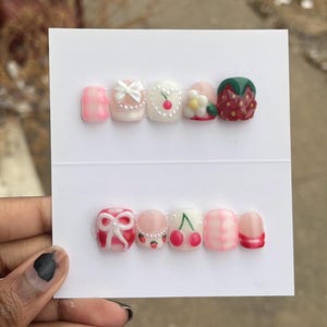 Cute 3D Strawberry & Cherry Picnic Inspired Press On Nails | Handmade Press On Nails | Sweet | Holidays | Nail Art | Reusable | Gel Nails