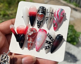 XLOV “I,God” Album Inspired Press On Nails (2) | Handmade | K-Pop | Dark | Devilish | 3D | Red Cateye | Nail Art | Reusable | Gel Nails