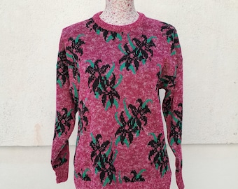Maglione vintage anni '80, maglione lavorato a maglia con motivo floreale astratto magenta e verde acqua, taglie US 4-8, UK 8-12