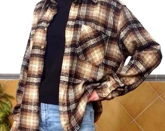 Chemise vintage des années 90 en flanelle à carreaux grunge, surdimensionnée marron et crème à carreaux L - XL