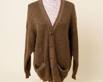 Cárdigan de mohair estilo Kurt Cobain vintage de los 90, tejido de punto marrón afelpado extragrande, suéter grunge para hombre talla L-XL, ribete de Alcantara