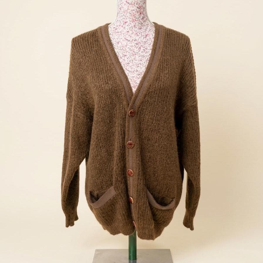 Vintage 90s Kurt Cobain Style Mohair Cardigan, Oversized Brown