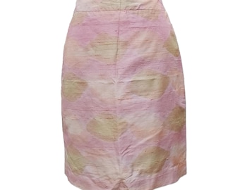 Gonna a tubino vintage in 100% seta grezza, stampa ikat rosa pastello, vita alta, stile Y2K