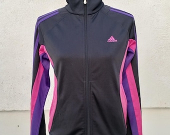 Chaqueta deportiva Adidas vintage Y2K con rayas en negro, morado y rosa, talla 6 de EE. UU.