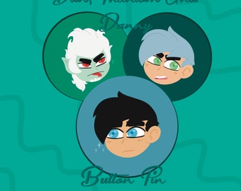 May include: Three cartoon character button pins featuring Dan, Phantom, and Danny. The pins are circular and have a green background. The characters are drawn in a cartoon style with large eyes and expressive faces.