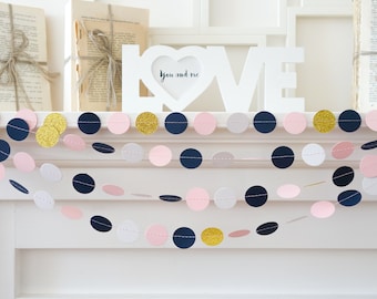 Navy blue garland, pink wedding garland, gold glitter garland, navy gold wedding decorations, navy bridal shower decorations, navy garland