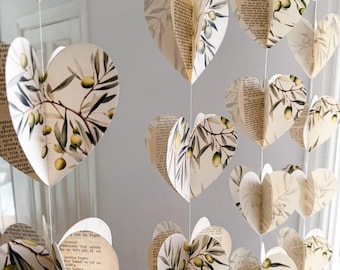 3D Olive Branch Heart Garland, Botanical Print, Vintage Book Pages, Rustic Decor