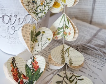 Botanical heart garland Set, book page hearts, 3D floral paper banner, wedding decor