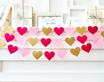 Pink heart garland, Valentines day garland, Valentines day decor, pink paper garland, pink wedding backdrop, pink heart decor, banner pink