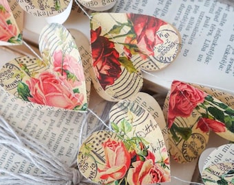 Vintage Rose Heart Garland, Romantic Floral Paper Decor, Wedding Baby Shower (Handmade)