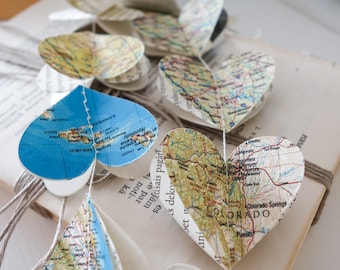 Map heart garland – 3D travel party banner & nursery decor