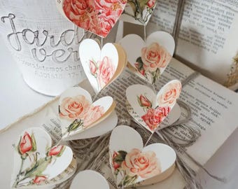 Handmade Floral Paper Hearts, Vintage Romantic Party Wedding Decor (5in Set)