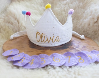 Couronne personnalisée d'anniversaire pour bébé/enfant, en tissu 6 chiffres, couronne de premier anniversaire, couronne blanche dorés