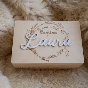 Cadeau pour Communion, baptême, Boîte à souvenir en bois,nom 3D,  cadeau de communion personnalisé