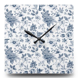 Vintage Style Wall Clock, Blue and White Wall Clock, Floral Wall Clock, Farmhouse Floral Wall Clock, Shabby Chick Decor, Unique Clock