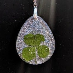 Real Four-Leaf Clover Necklace or Good Luck Charm Silver Glitter Sparkle