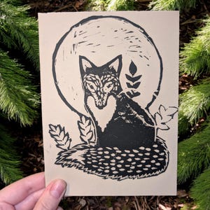 Hand Carved Fox Card: Linocut Greeting Card with Envelope