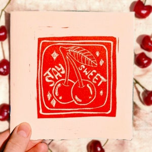 Cherry &quot;Stay Sweet&quot; Print | Printmaking | Linoprint | Linocut | Handmade