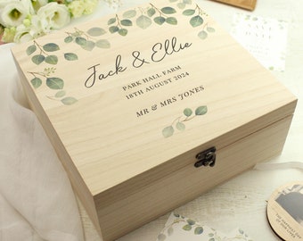 Personalised Botanical Eucalyptus Wedding Keepsake box | Wooden Memory Box | Wedding Memory Box | Marriage Box | Mr and Mrs Gift
