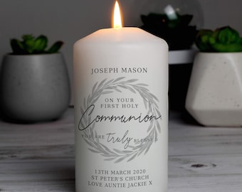 First Holy Communion Gift - Personalised 'Truly Blessed' First Holy Communion Pillar Candle - 1st Holy Communion Keepsake